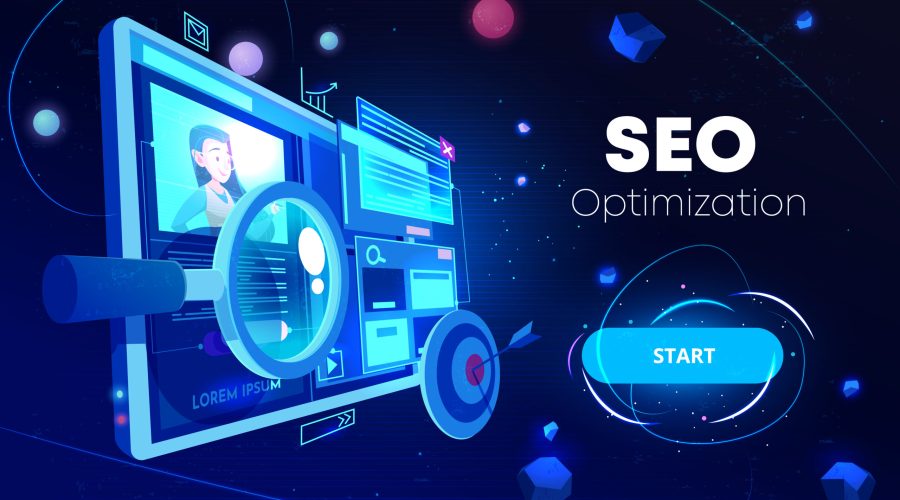 Seo optimization, marketing business technology Seo optimization banner, marketing business technology, monitor with data analysis platform on screen, website research, neon glowing futuristic background. Cartoon vector illustration, landing page